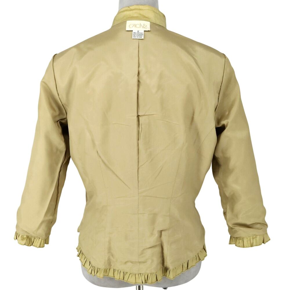 Cache Jacket Womens 8 All Silk Green Gold Lined Pleated Trim Lightweight Vintage - Picture 11 of 12